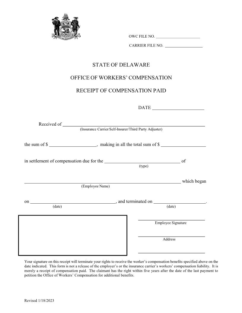 Receipt Of Compensation Paid | Pdf Fpdf Doc Docx | Delaware