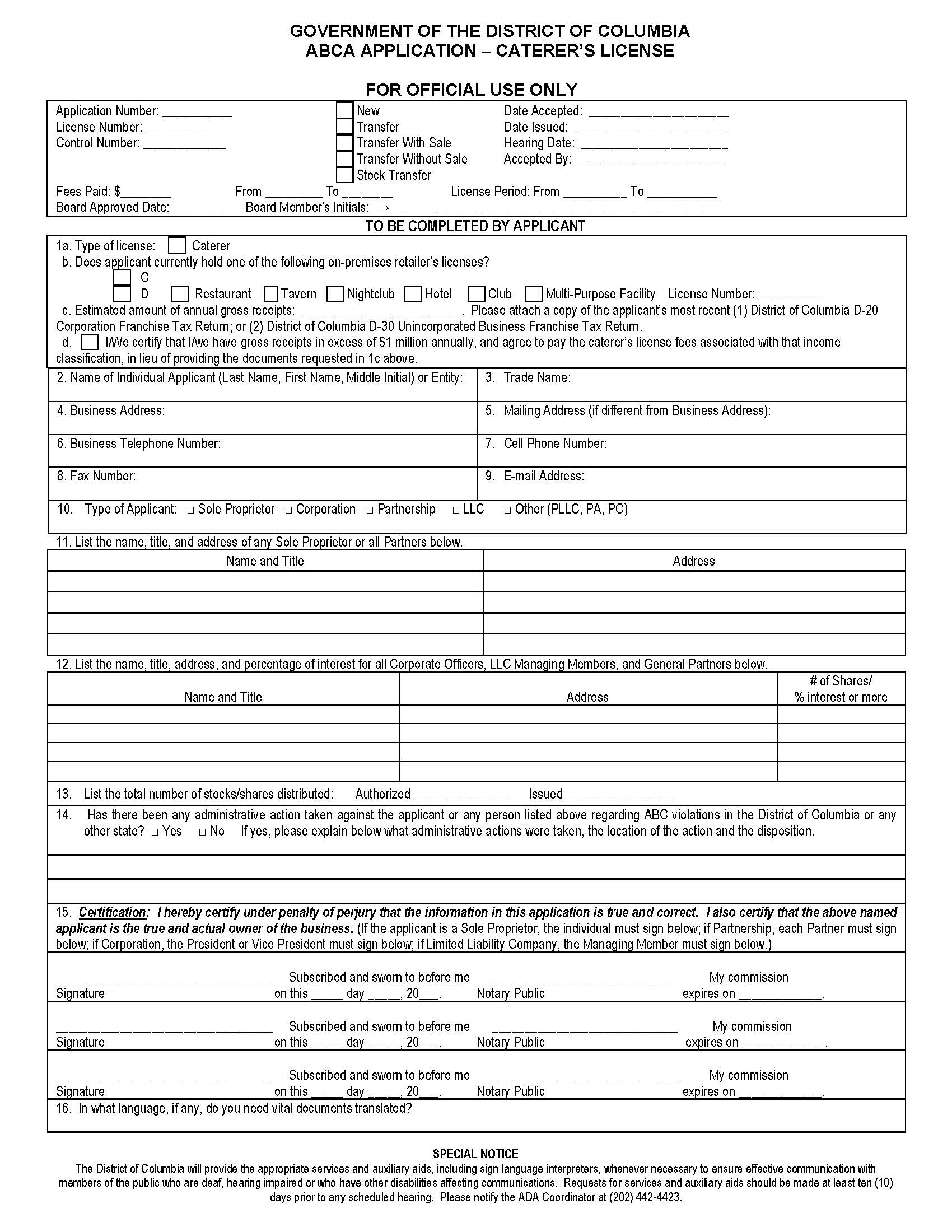 Caterers License Application | Pdf Fpdf Doc Docx | District Of Columbia