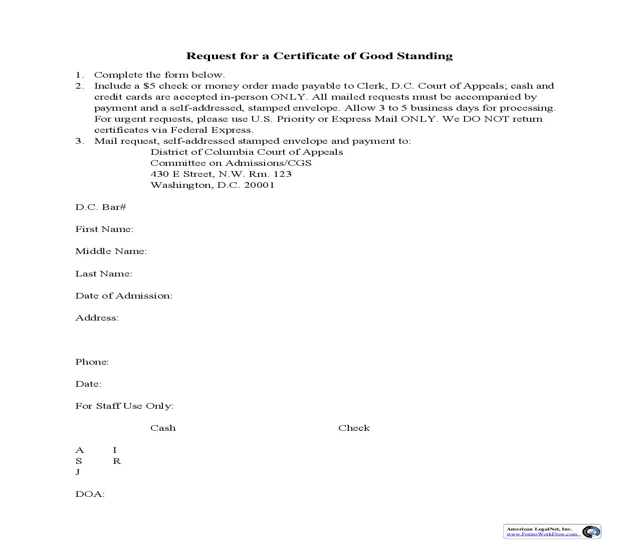 Request For Certificate For Good Standing |  | District Of Columbia