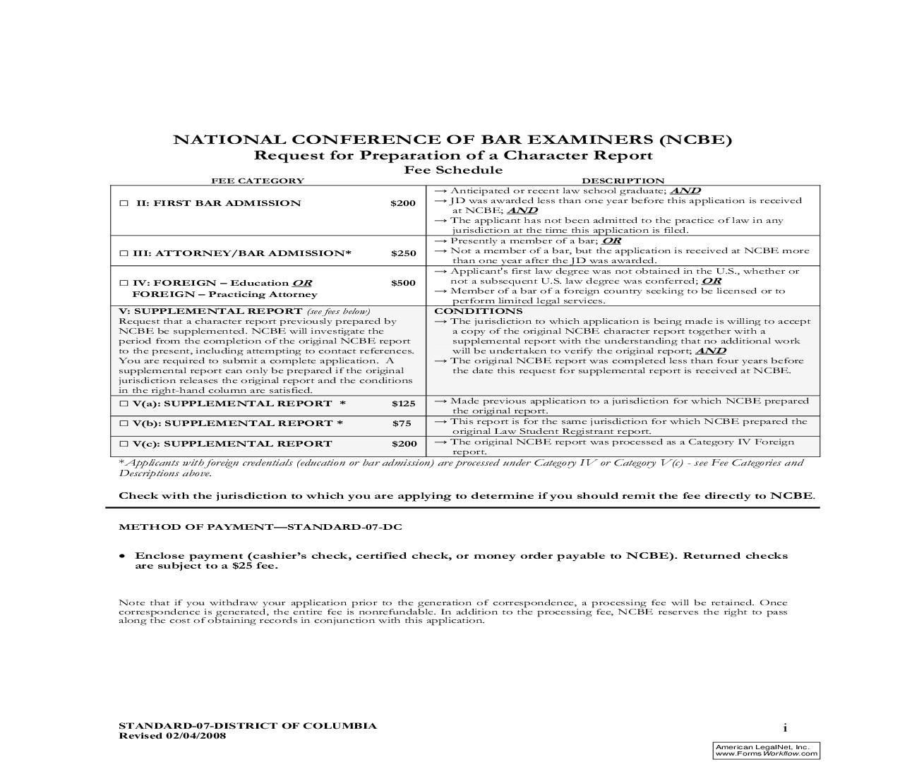 Request For Preparation Of A Character Report |  | District Of Columbia