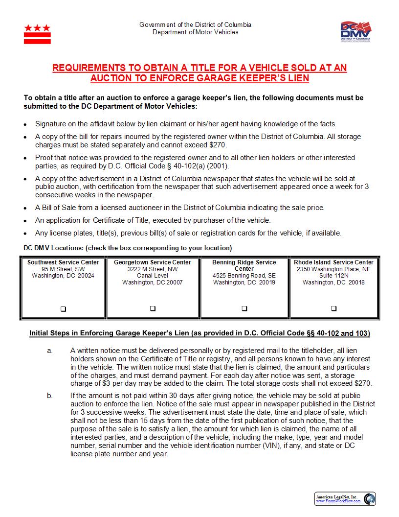 Clearance Of Title On Vehicle Sold For Garage Keepers Lien | Pdf Fpdf Docx | District Of Columbia