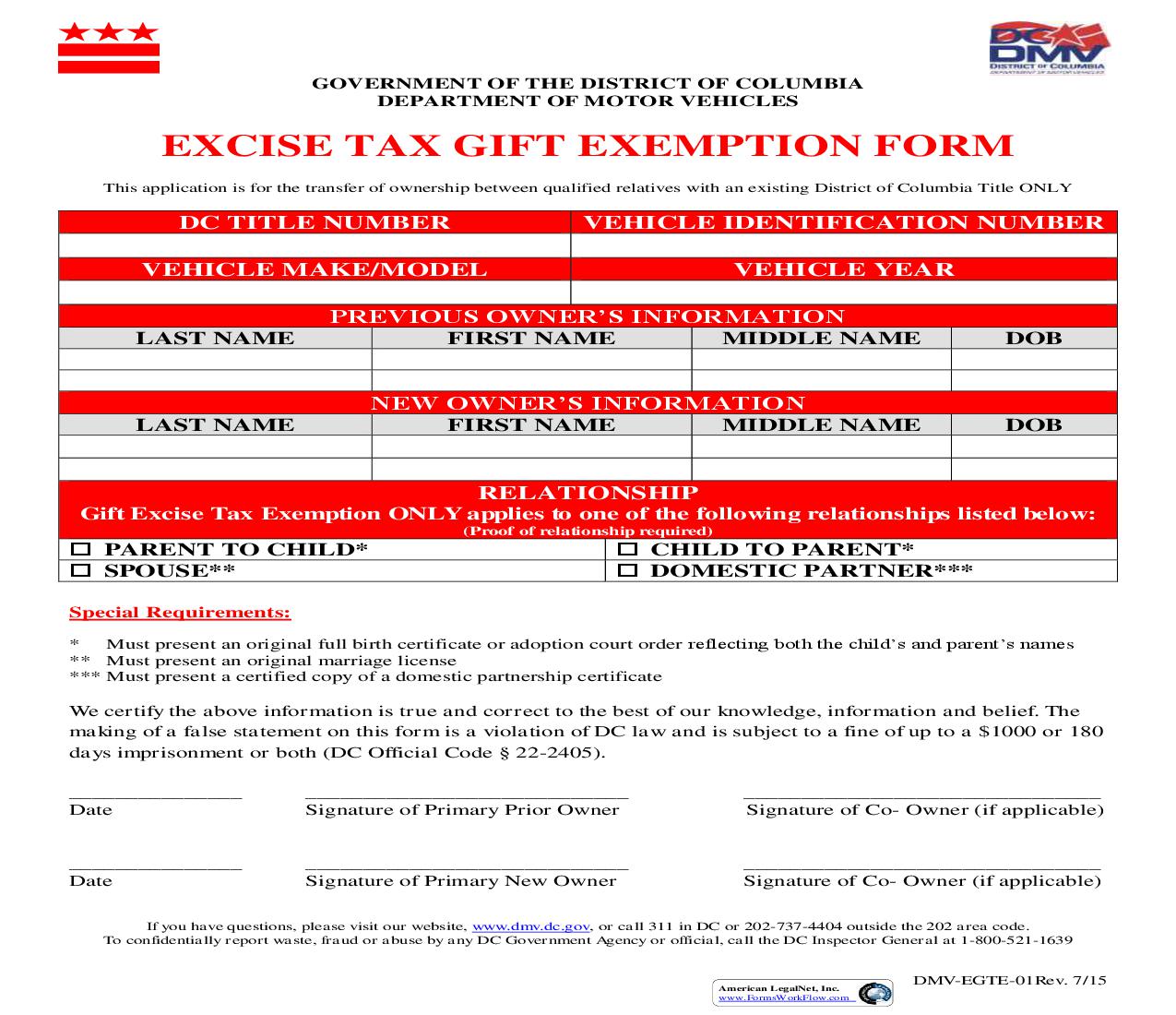 Excise Tax gift Exemption Form | Pdf Fpdf Doc Docx | District Of Columbia