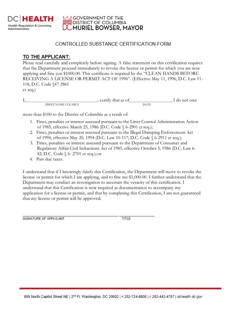 Controlled Substance Certification Form | Pdf Fpdf Doc Docx | District Of Columbia