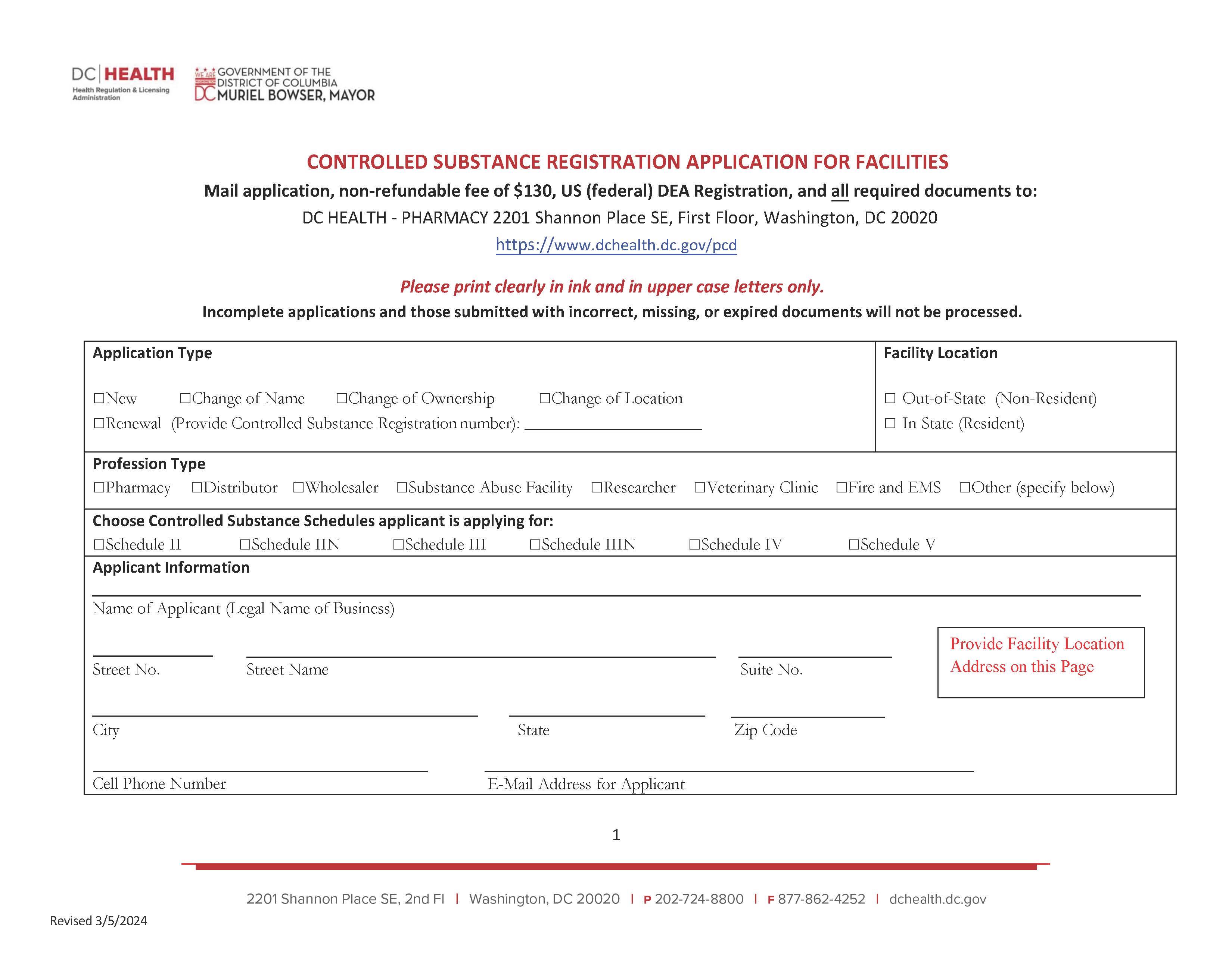 Controlled Substance Registration Application For Facilities | Pdf Fpdf Docx | District Of Columbia