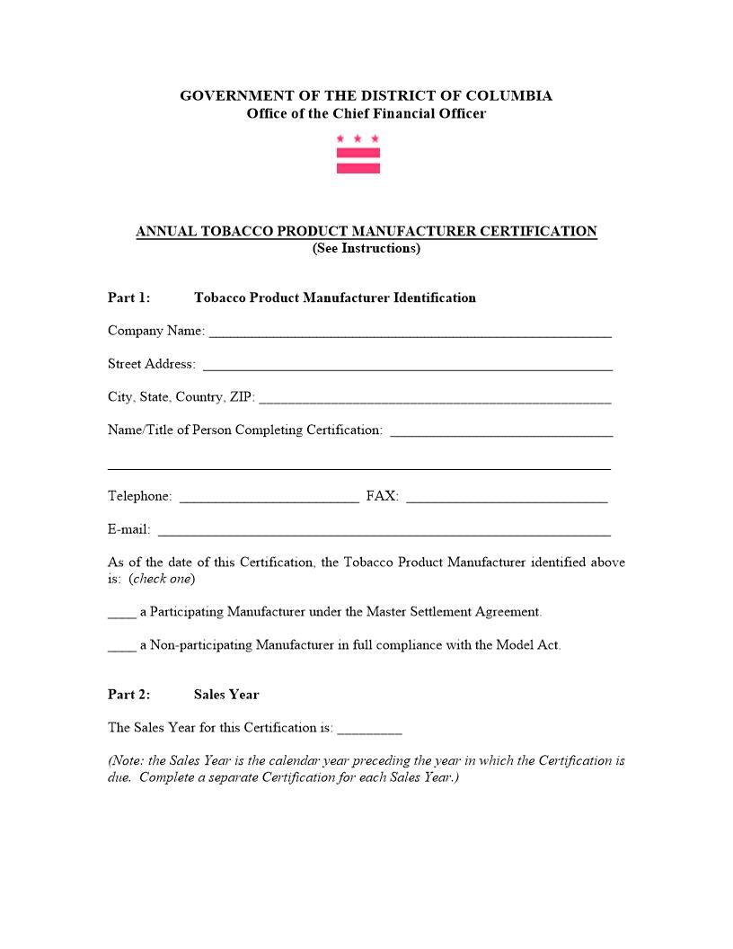 Annual Tobacco Product Manufacturer Certification | Pdf Fpdf Doc Docx | District Of Columbia