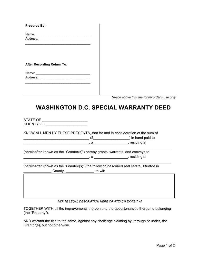 Special Warranty Deed | Pdf Fpdf Docx | District Of Columbia
