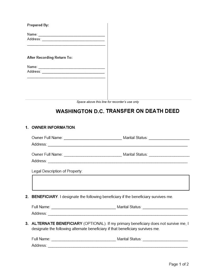 Transfer On Death (Beneficiary) Deed | Pdf Fpdf Docx | District Of Columbia
