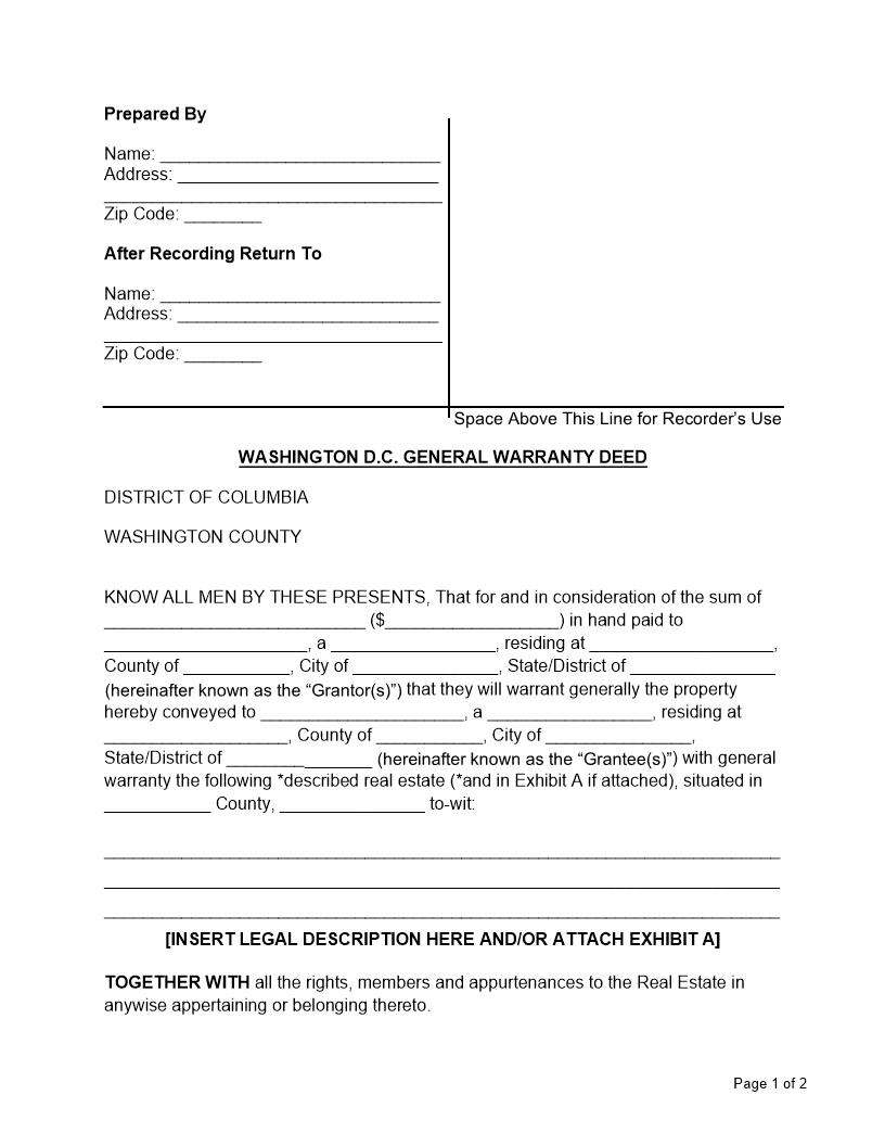 Warranty Deed | Pdf Fpdf Docx | District Of Columbia