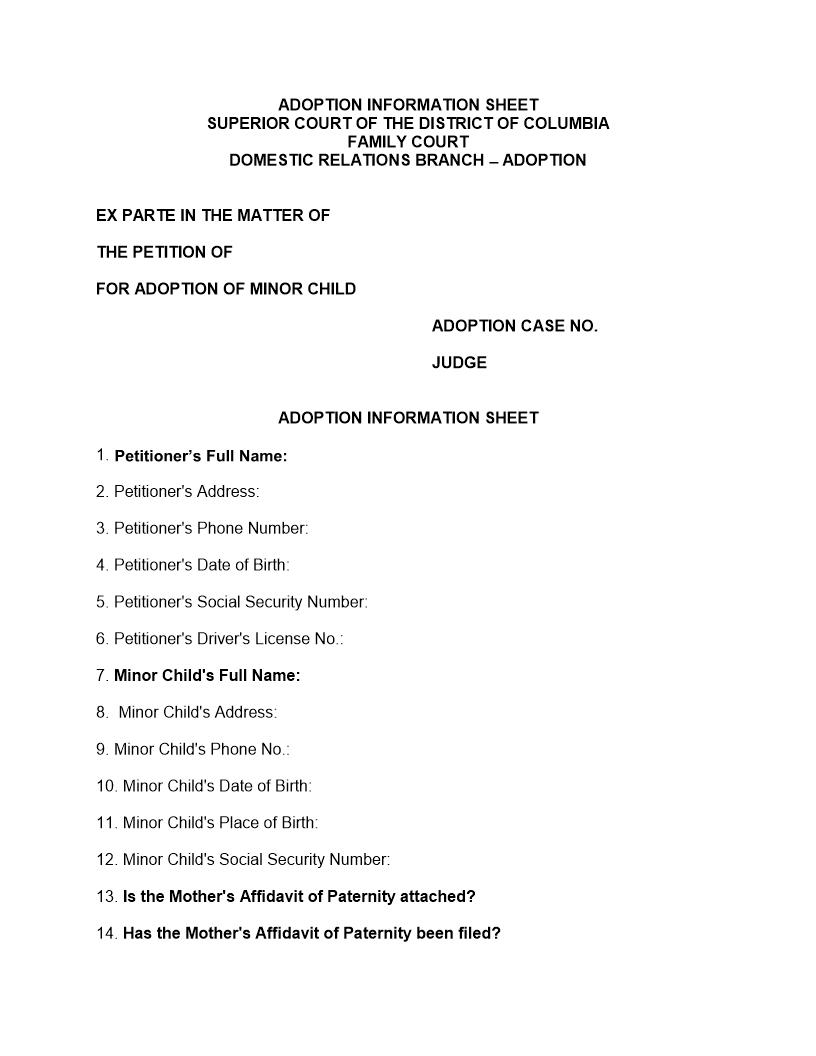 Adoption Information Sheet | Pdf Fpdf Doc Docx | District Of Columbia