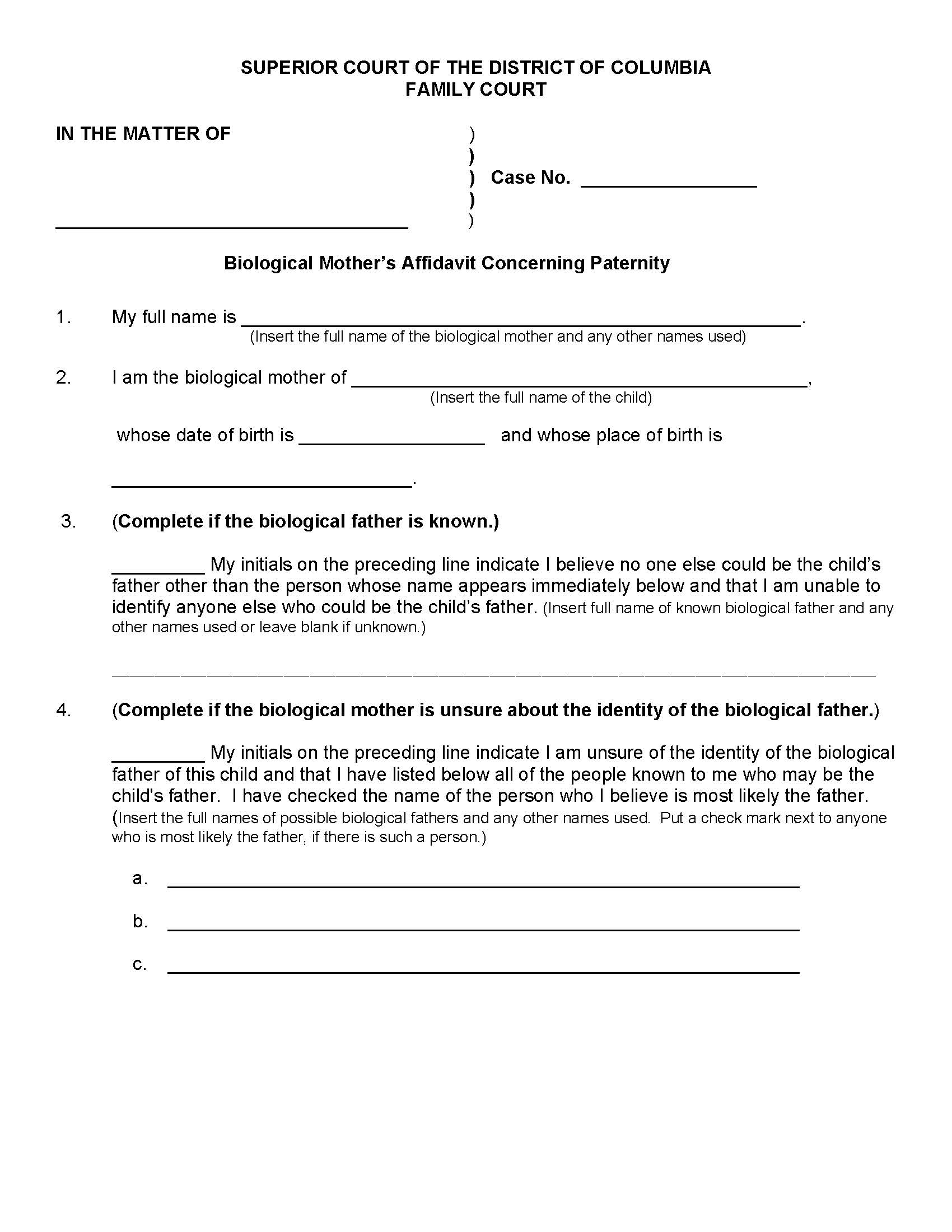 Biological Mothers Affidavit Concerning Paternity | Pdf Fpdf Doc Docx | District Of Columbia