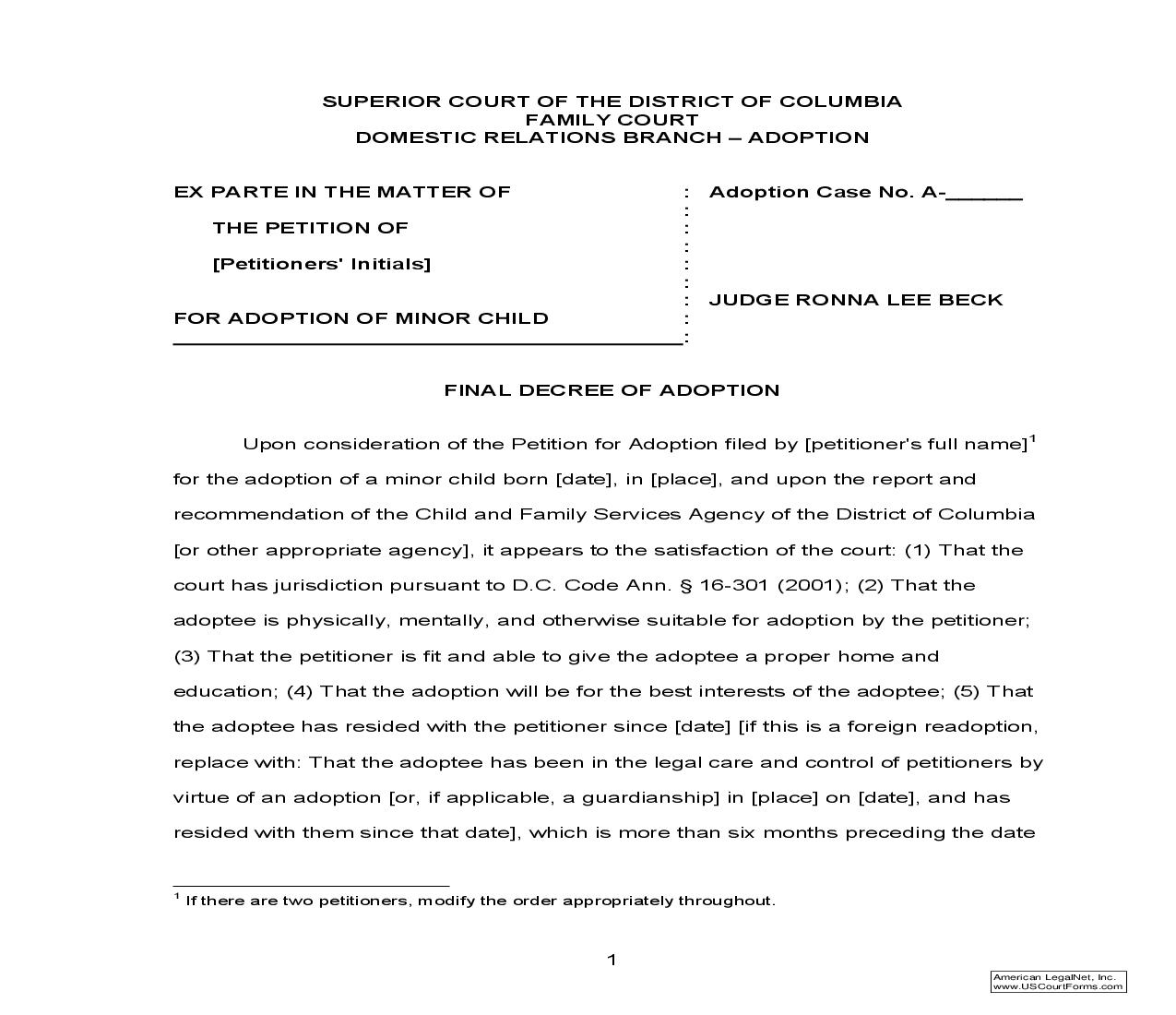 Final Decree Of Adoption | Pdf Fpdf Doc Docx | District Of Columbia