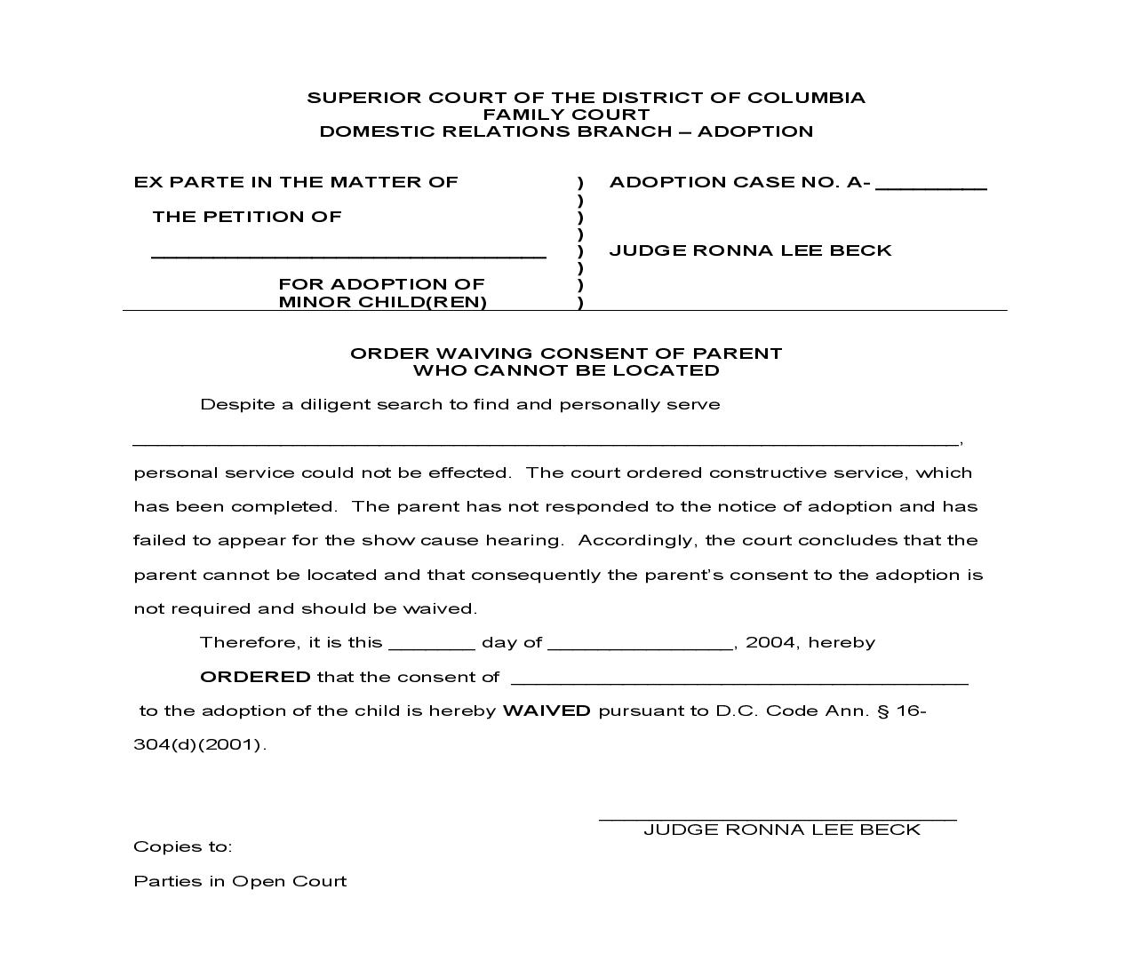 Order Waiving Consent Of Parent Who Cannot Be Located | Pdf Fpdf Doc Docx | District Of Columbia