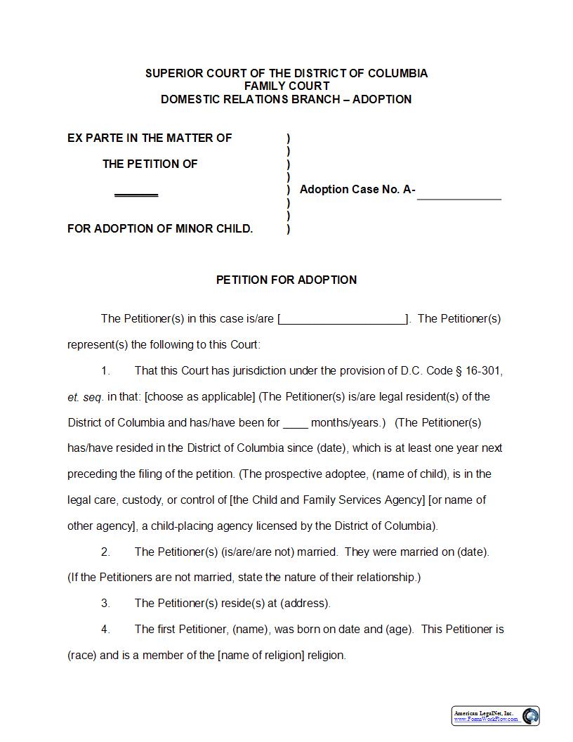 Petition For Adoption | Pdf Fpdf Doc Docx | District Of Columbia