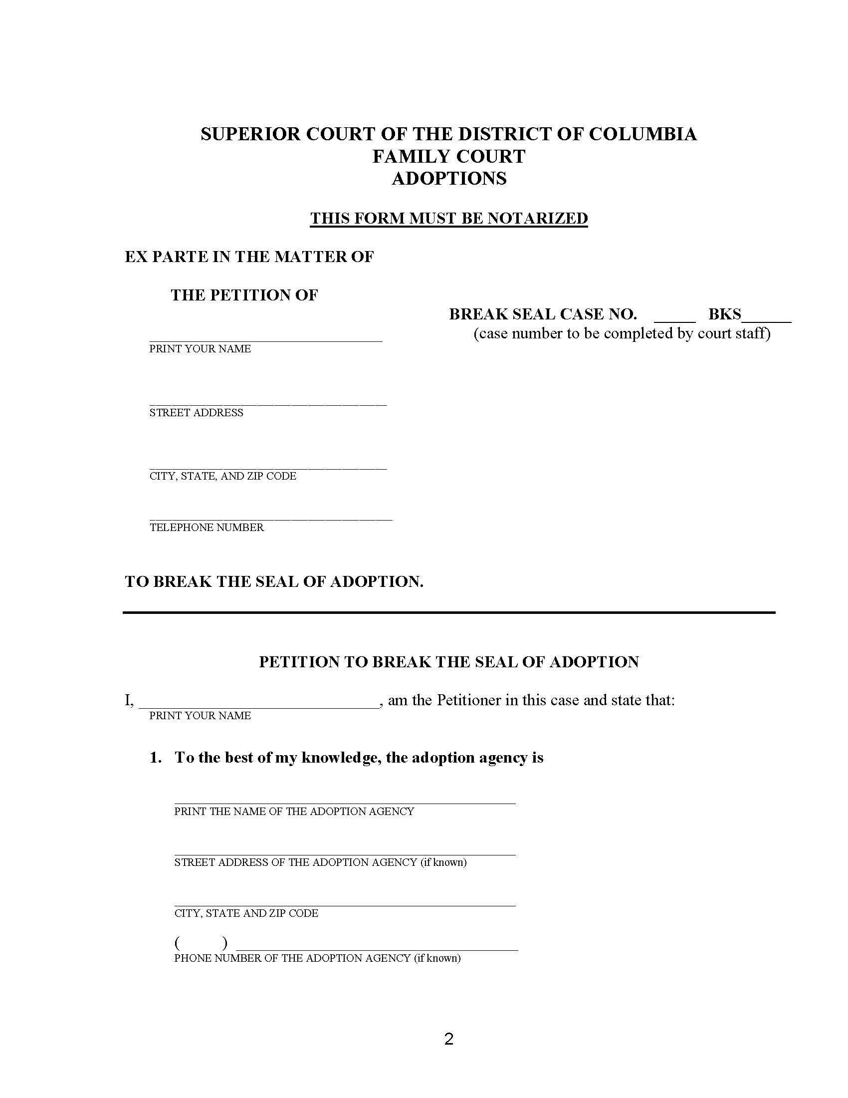 Petition To Break Seal Of Adoption | Pdf Fpdf Doc Docx | District Of Columbia