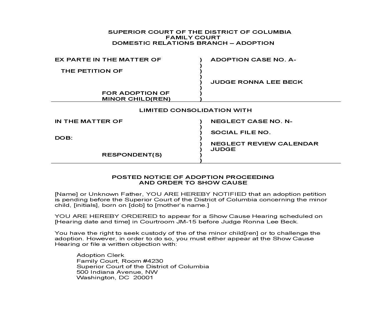 Posted Notice Of Adoption Proceeding And Order To Show Cause | Pdf Fpdf Doc Docx | District Of Columbia