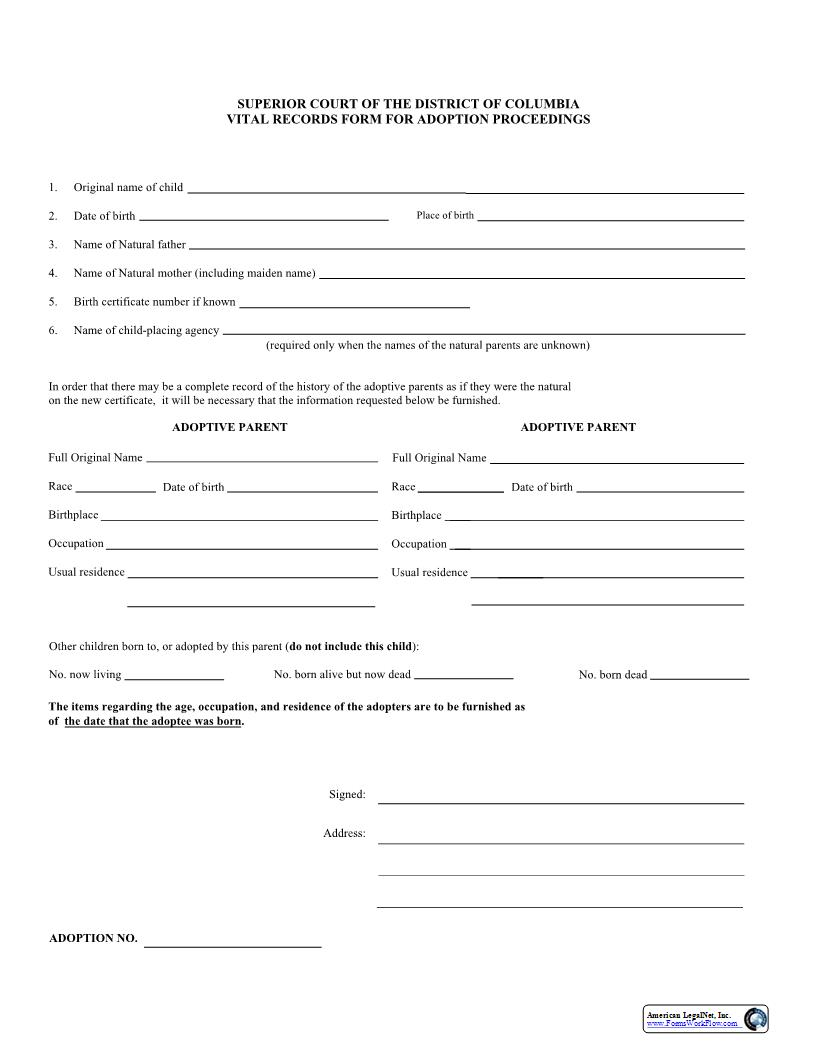 Vital Records Form For Adoption Proceedings | Pdf Fpdf Docx | District Of Columbia