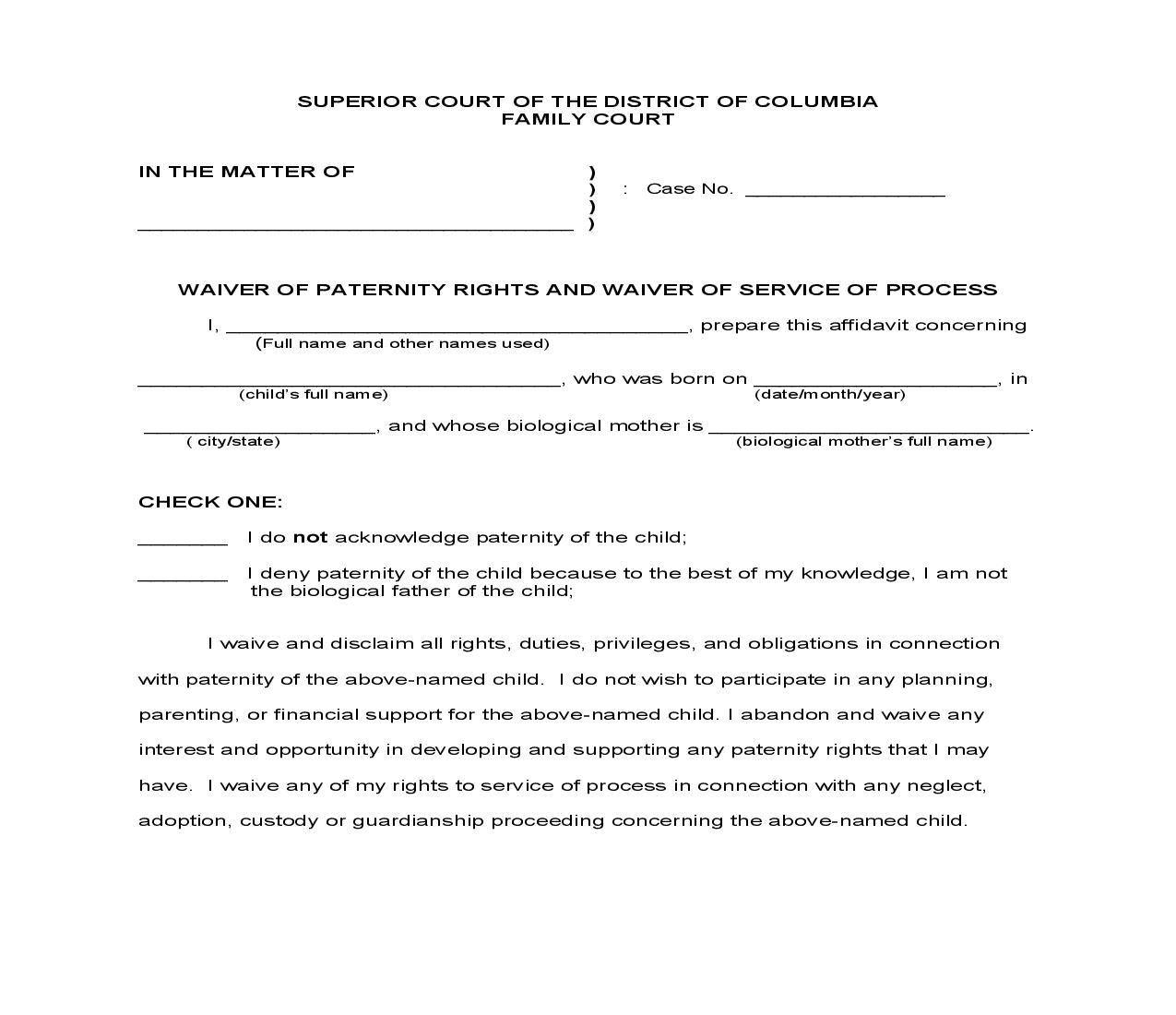 Waiver Of Paternity Rights And Waiver Of Service Of Process | Pdf Fpdf Doc Docx | District Of Columbia