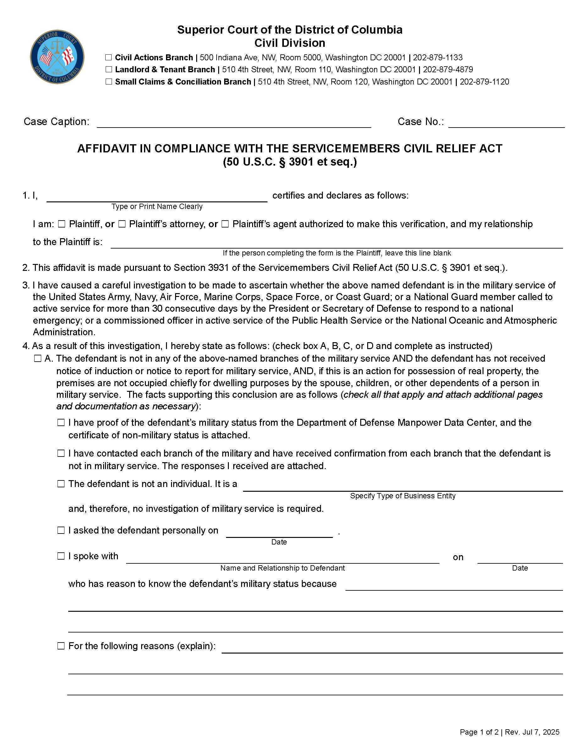 Affidavit In Compliance With The Servicemembers Civil Relief Act {CA 114} | Pdf Fpdf Doc Docx | District Of Columbia
