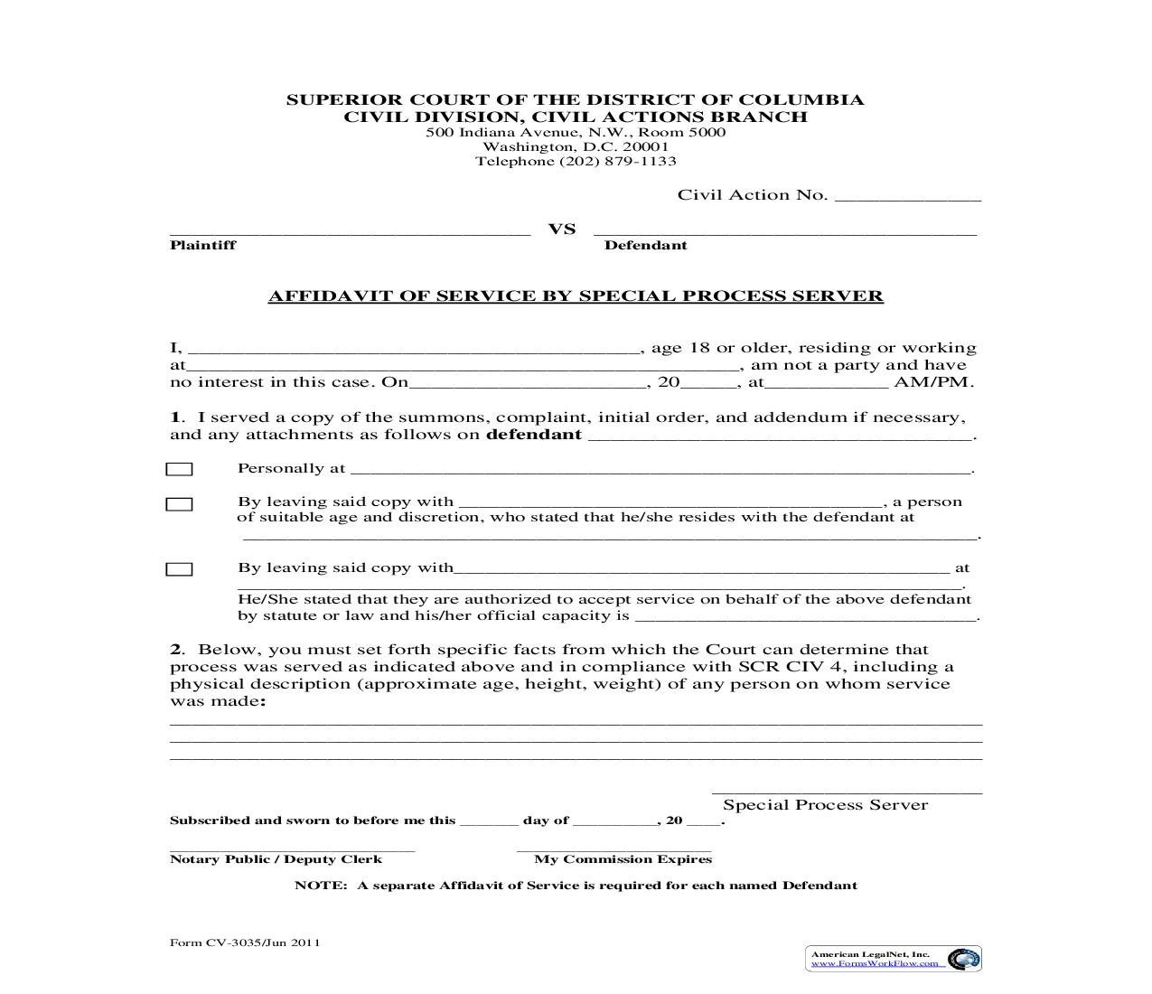 Affidavit Of Service By Process | Pdf Fpdf Doc Docx | District Of Columbia