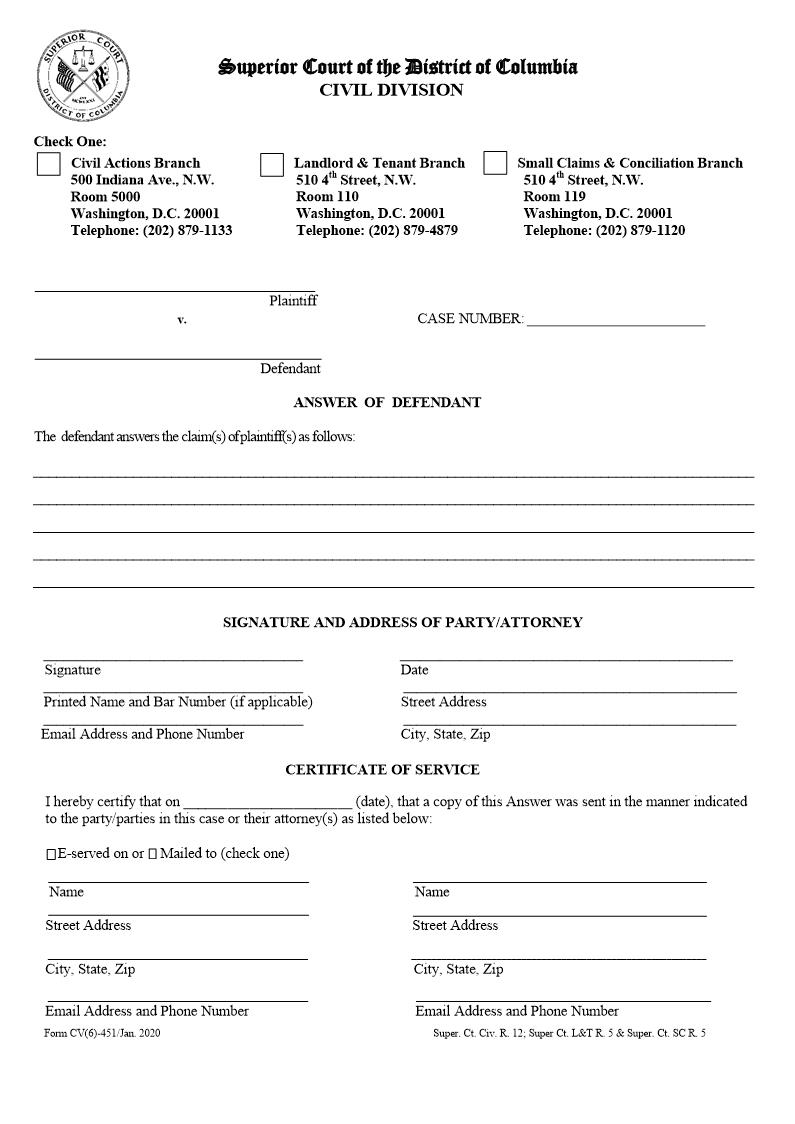 Answer Of Defendant {CV(6)-451} | Pdf Fpdf Doc Docx | District Of Columbia