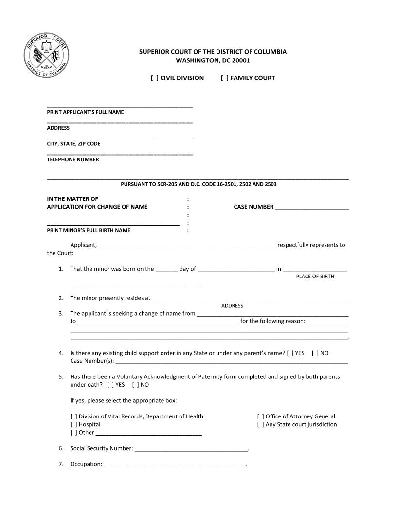 Application For Change Of Name (Minor) | Pdf Fpdf Docx | District Of Columbia