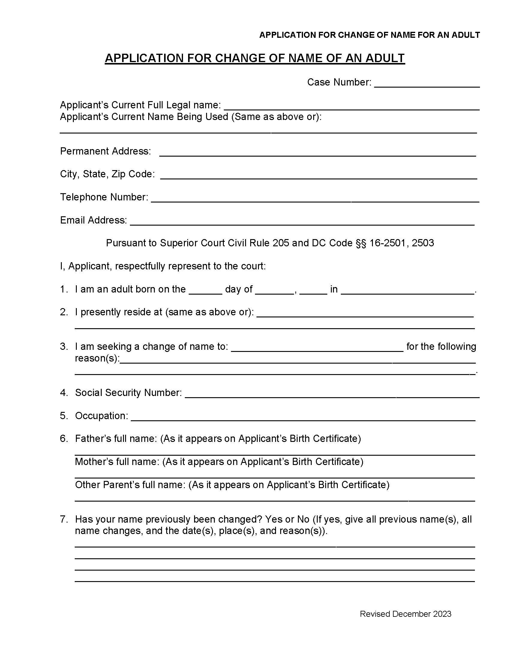 Application For Change Of Name Of An Adult | Pdf Fpdf Docx | District Of Columbia