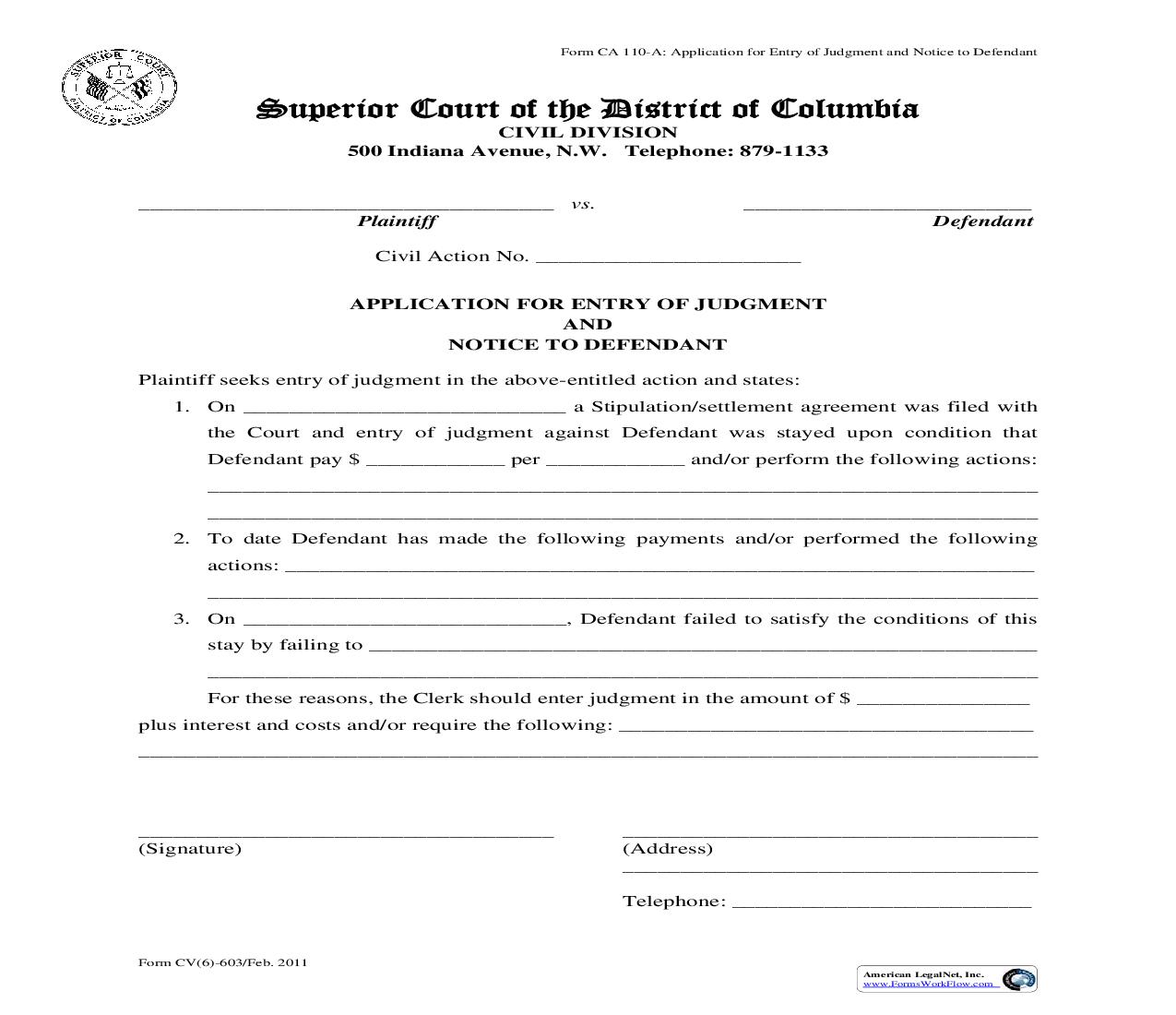 Application For Entry Of Judgment And Notice To Defendant | Pdf Fpdf Doc Docx | District Of Columbia
