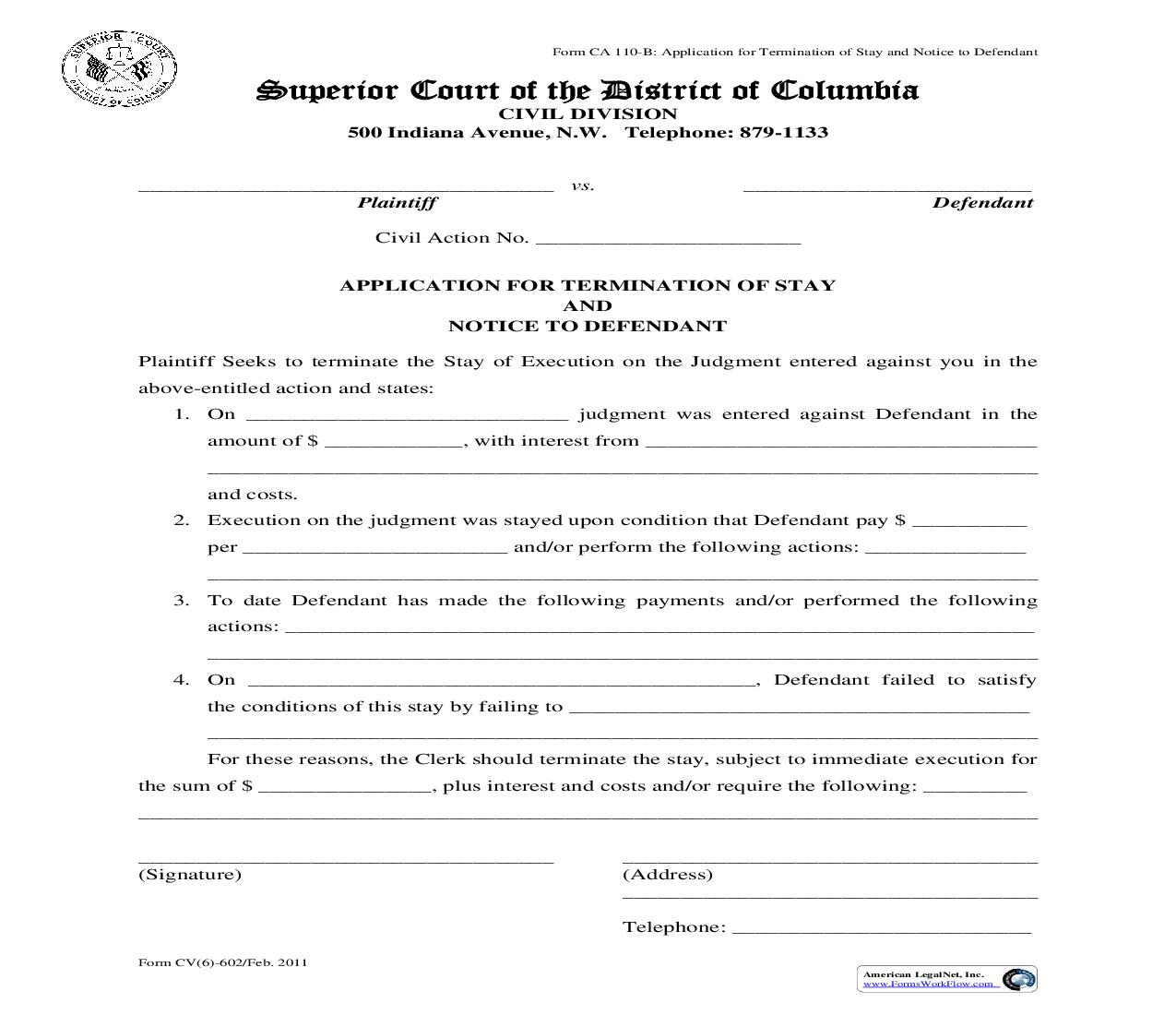 Application For Termination Of Stay And Notice To Defendant | Pdf Fpdf Doc Docx | District Of Columbia