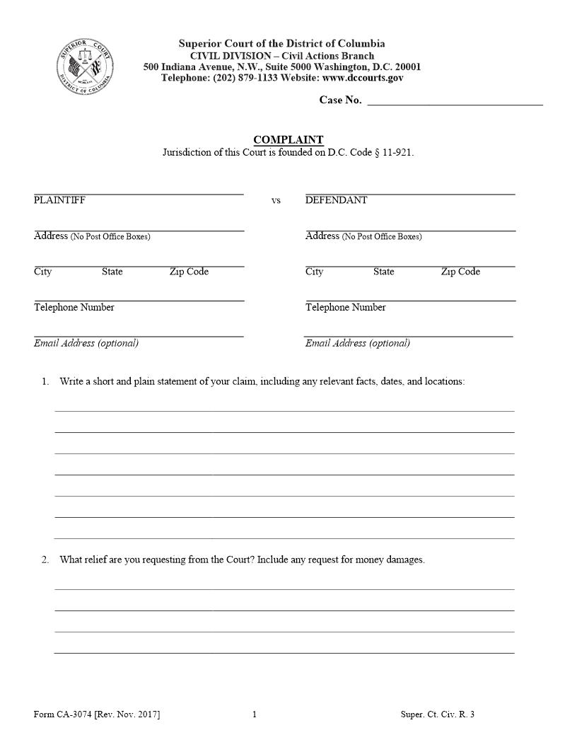 Complaint {CA-3074} | Pdf Fpdf Docx | District Of Columbia