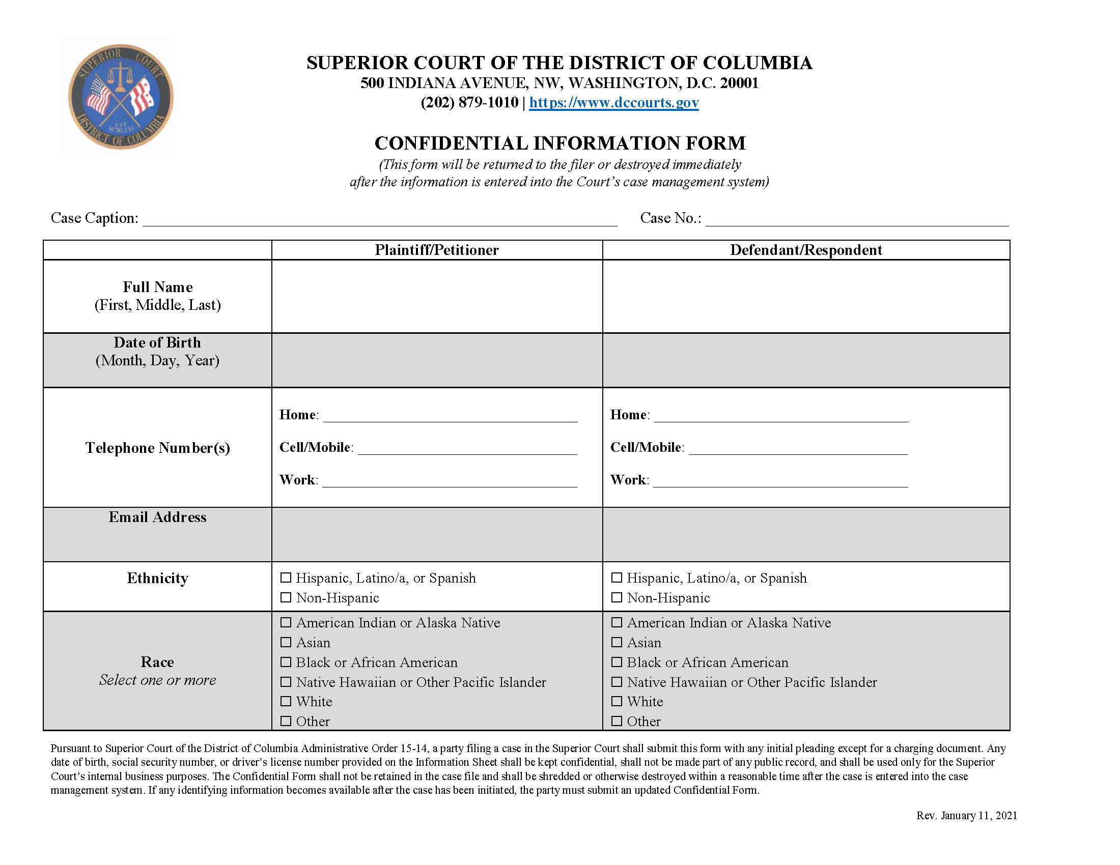 Confidential Form | Pdf Fpdf Docx | District Of Columbia