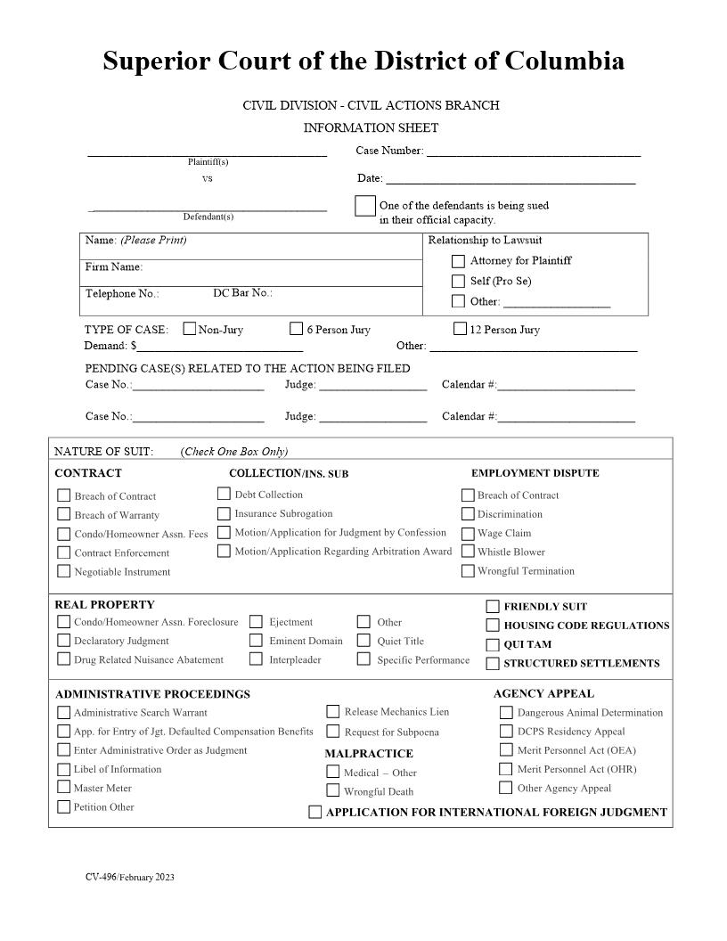 Information Sheet {CIV(6)-496} | Pdf Fpdf Doc Docx | District Of Columbia