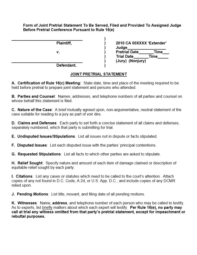Joint Pretrial Statement | Pdf Fpdf Docx | District Of Columbia