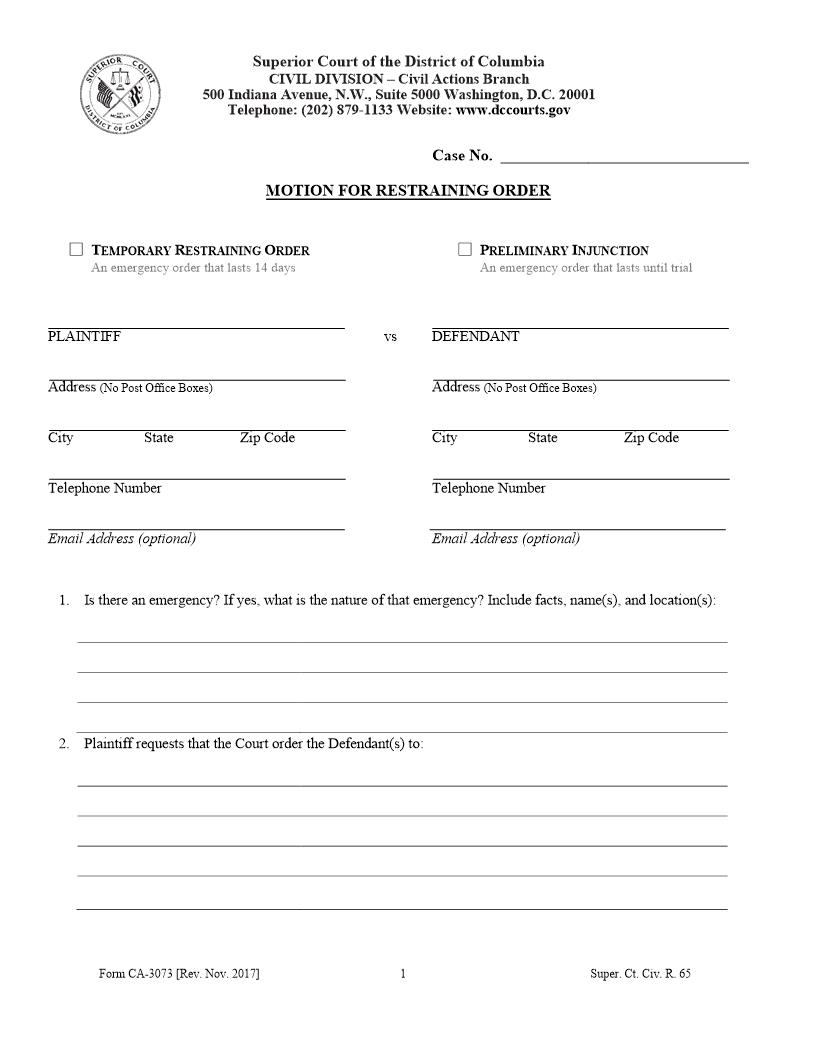 Motion For Restraining Order | Pdf Fpdf Docx | District Of Columbia