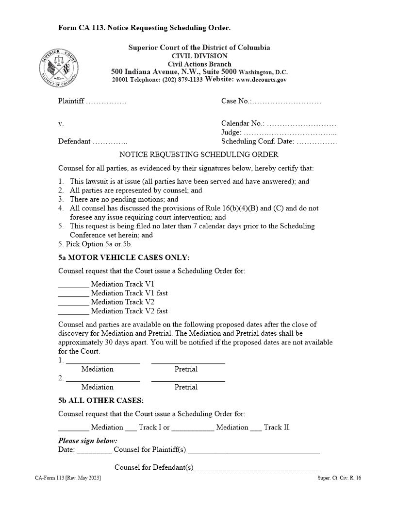 Notice Requesting Scheduling Order | Pdf Fpdf Docx | District Of Columbia