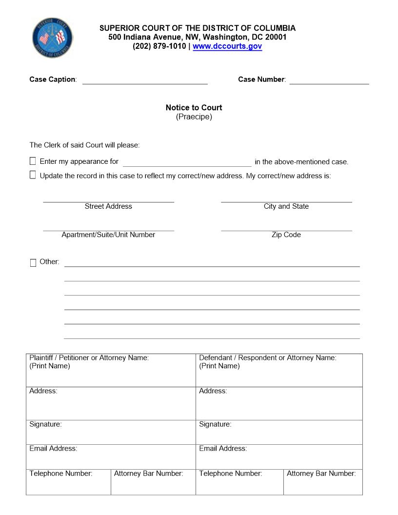 Notice To Court (Praecipe) | Pdf Fpdf Doc Docx | District Of Columbia