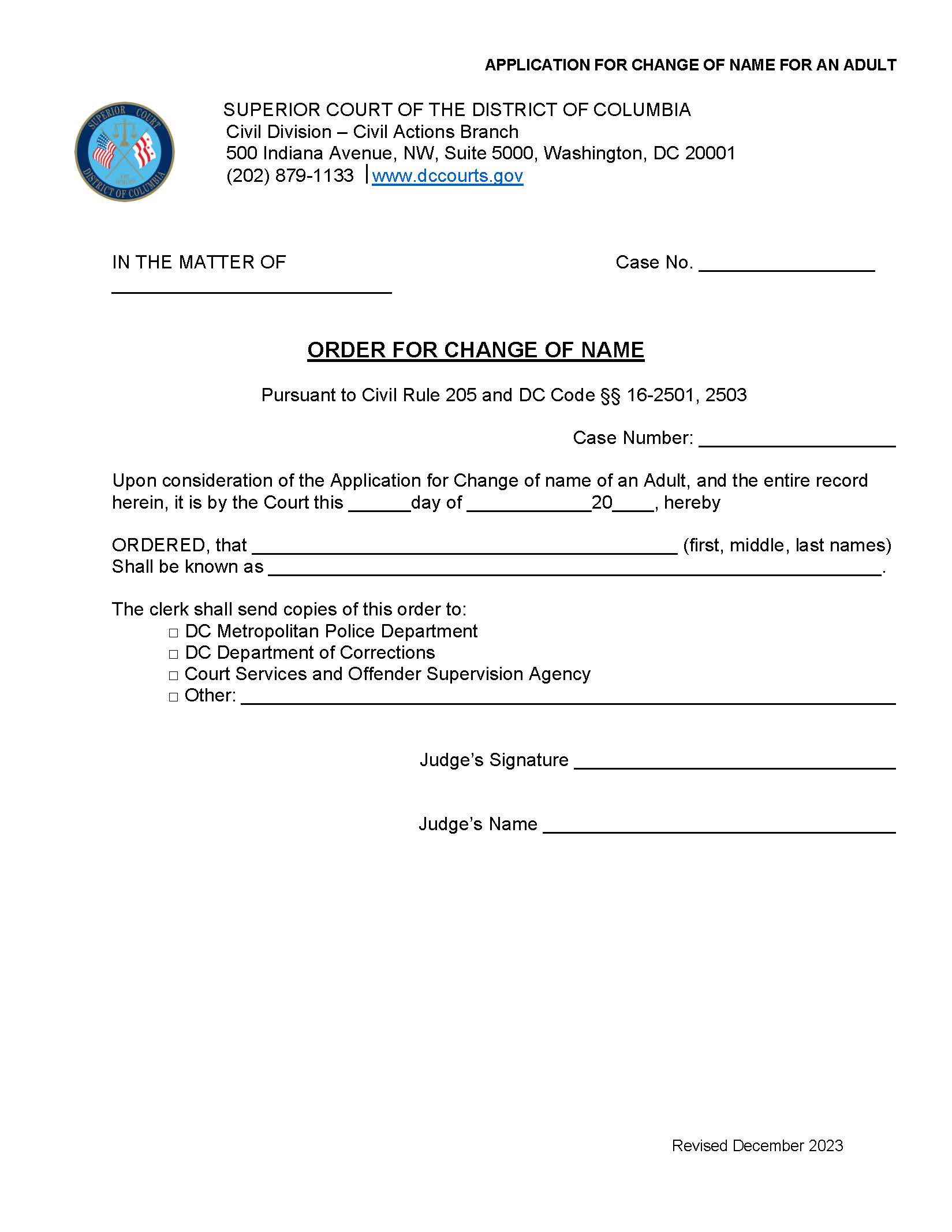 Order For Change Of Name | Pdf Fpdf Docx | District Of Columbia