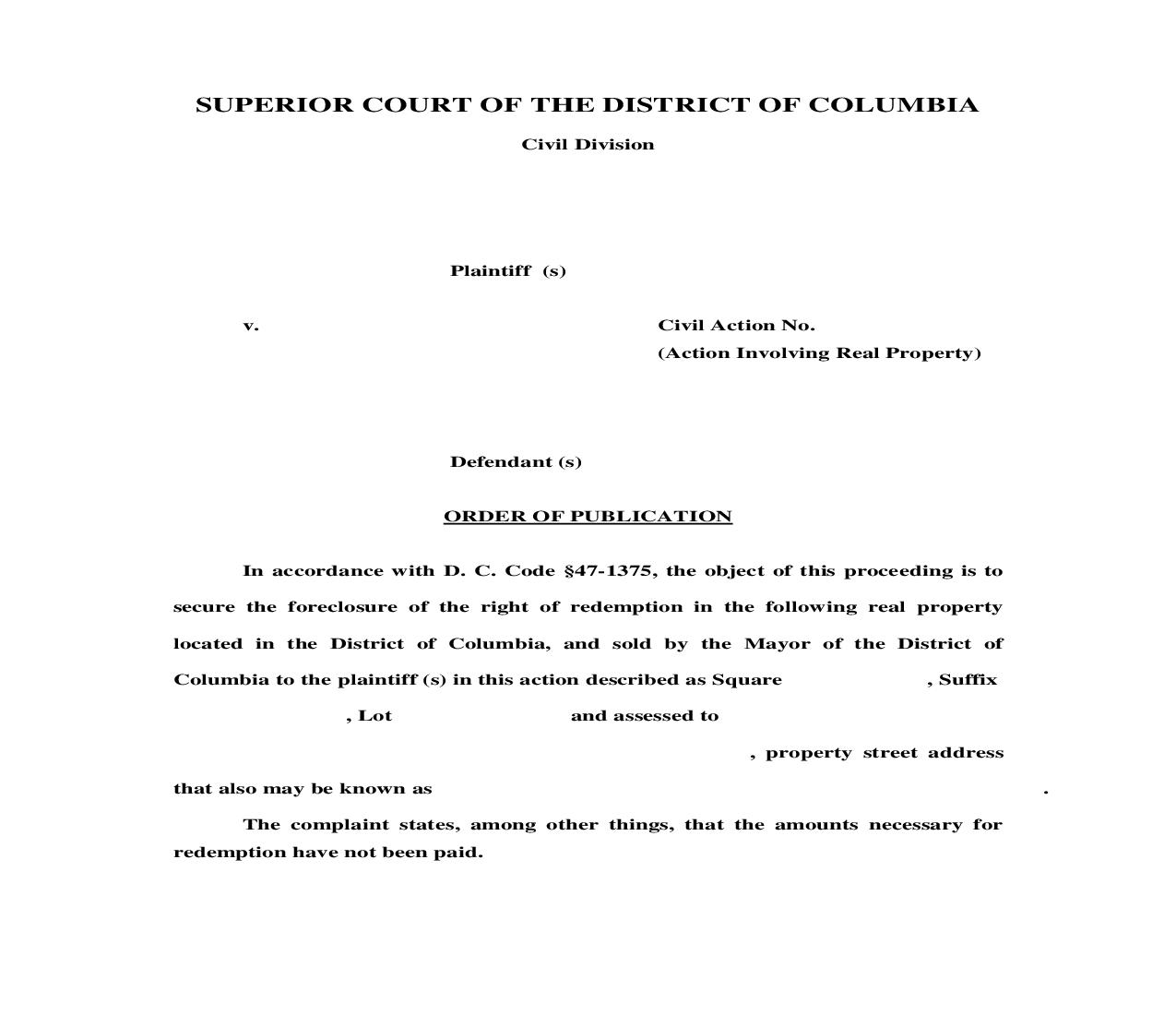 Order Of Publication (Action Involving Real Property) | Pdf Fpdf Doc Docx | District Of Columbia