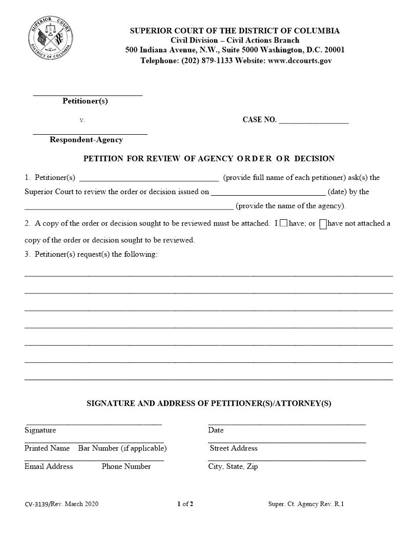 Petition For Review Of Agency Order Or Decision | Pdf Fpdf Docx | District Of Columbia