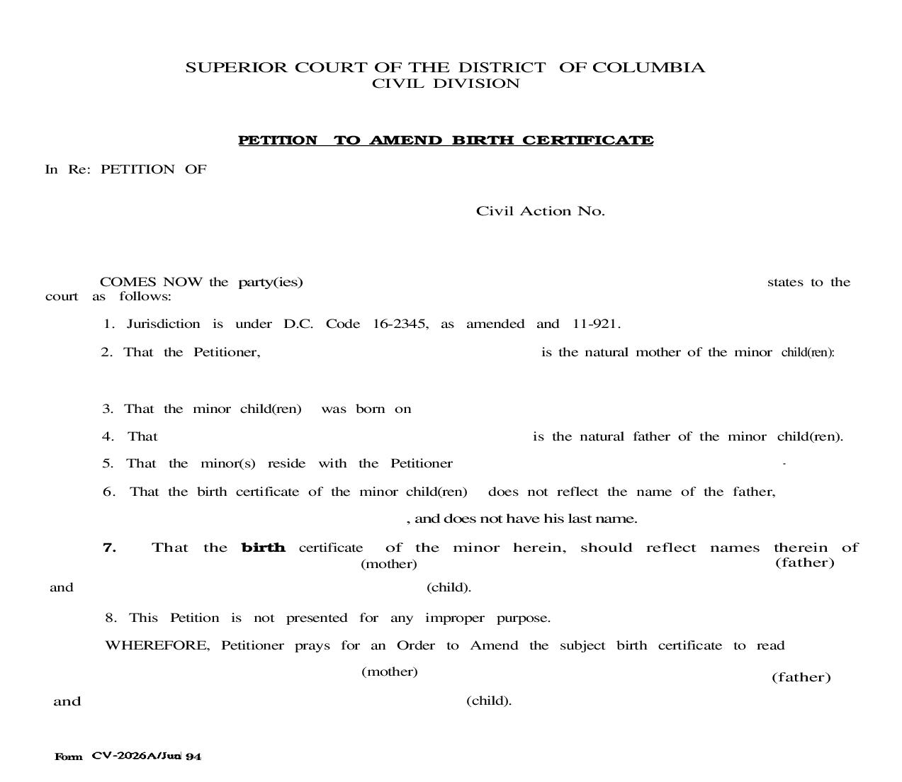 Petition To Amend Birth Certificate {CV-2026A} | Pdf Fpdf Doc Docx | District Of Columbia