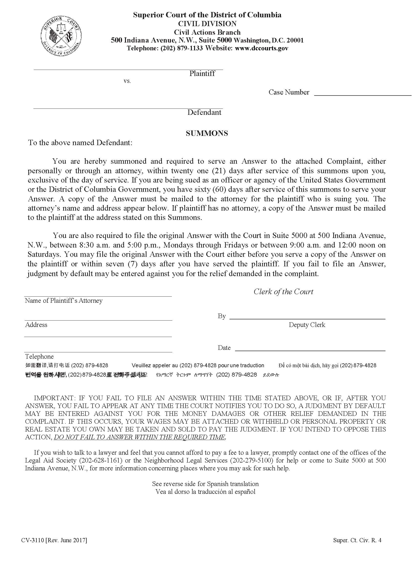 Summons {CV-3110} | Pdf Fpdf Doc Docx | District Of Columbia