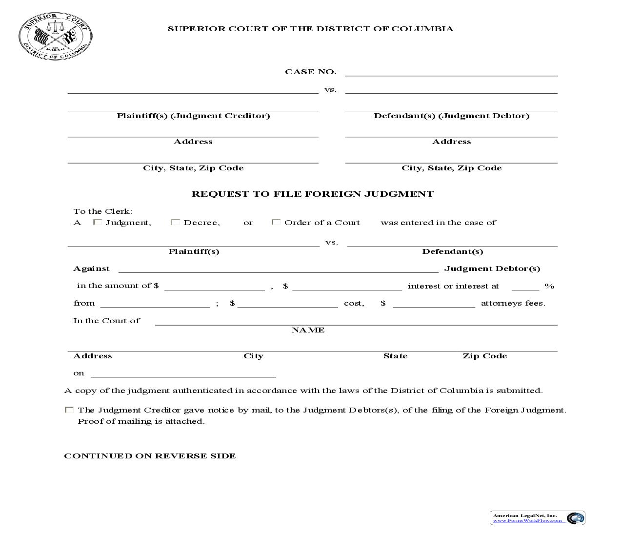 Request To File Foreign Judgment | Pdf Fpdf Doc Docx | District Of Columbia