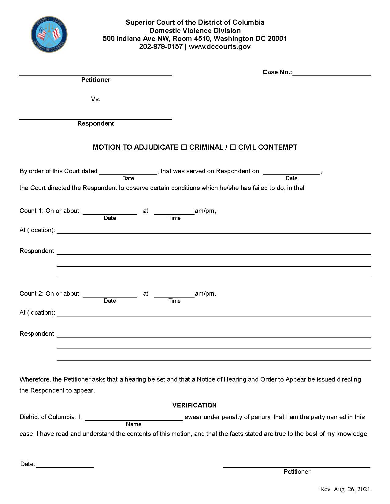 Motion To Adjudicate Criminal Or Civil Contempt | Pdf Fpdf Docx | District Of Columbia