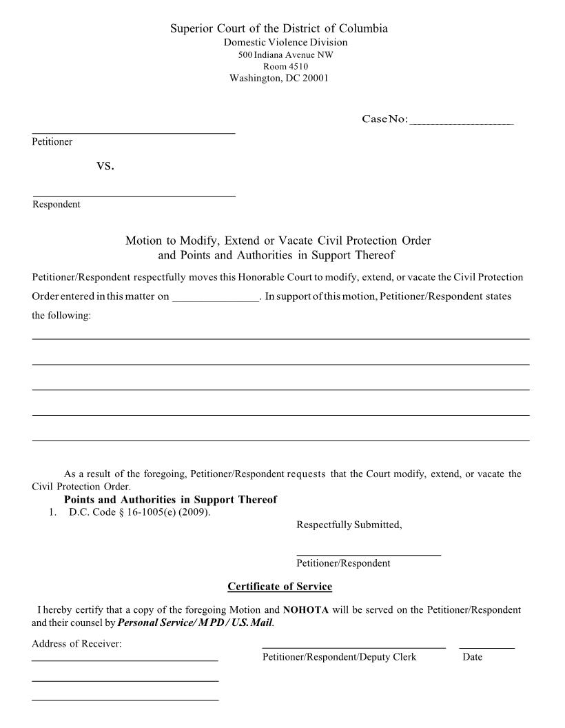Motion To Modify Extend Or Vacate Civil Protection Order | Pdf Fpdf Doc Docx | District Of Columbia