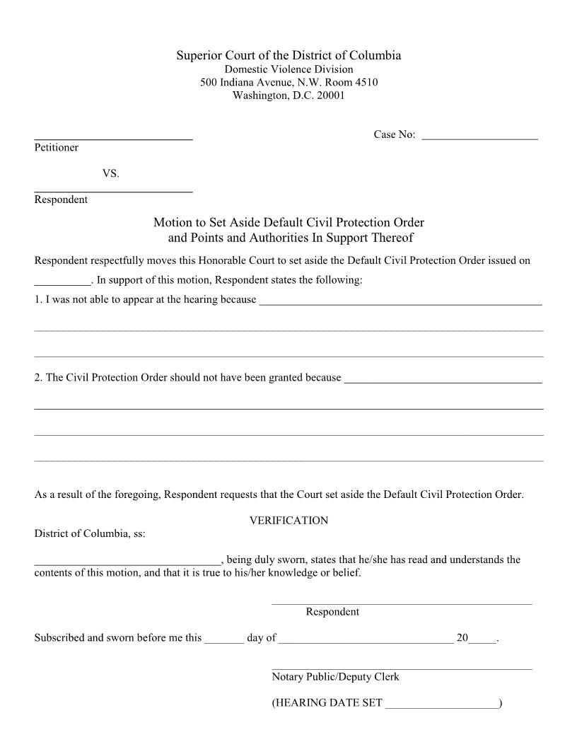 Motion To Set Aside Default Civil Protection Order | Pdf Fpdf Docx | District Of Columbia