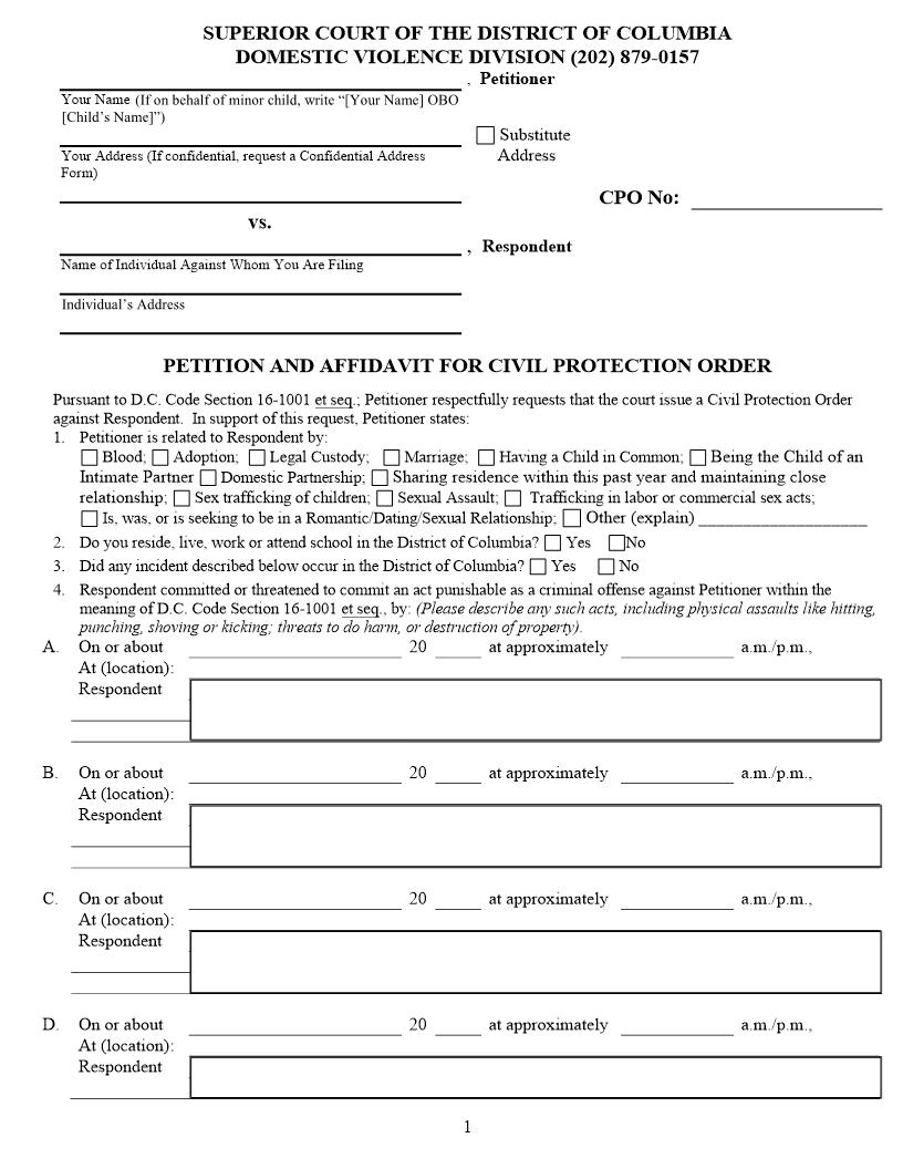 Petition And Affidavit For A Civil Protection Order | Pdf Fpdf Docx | District Of Columbia