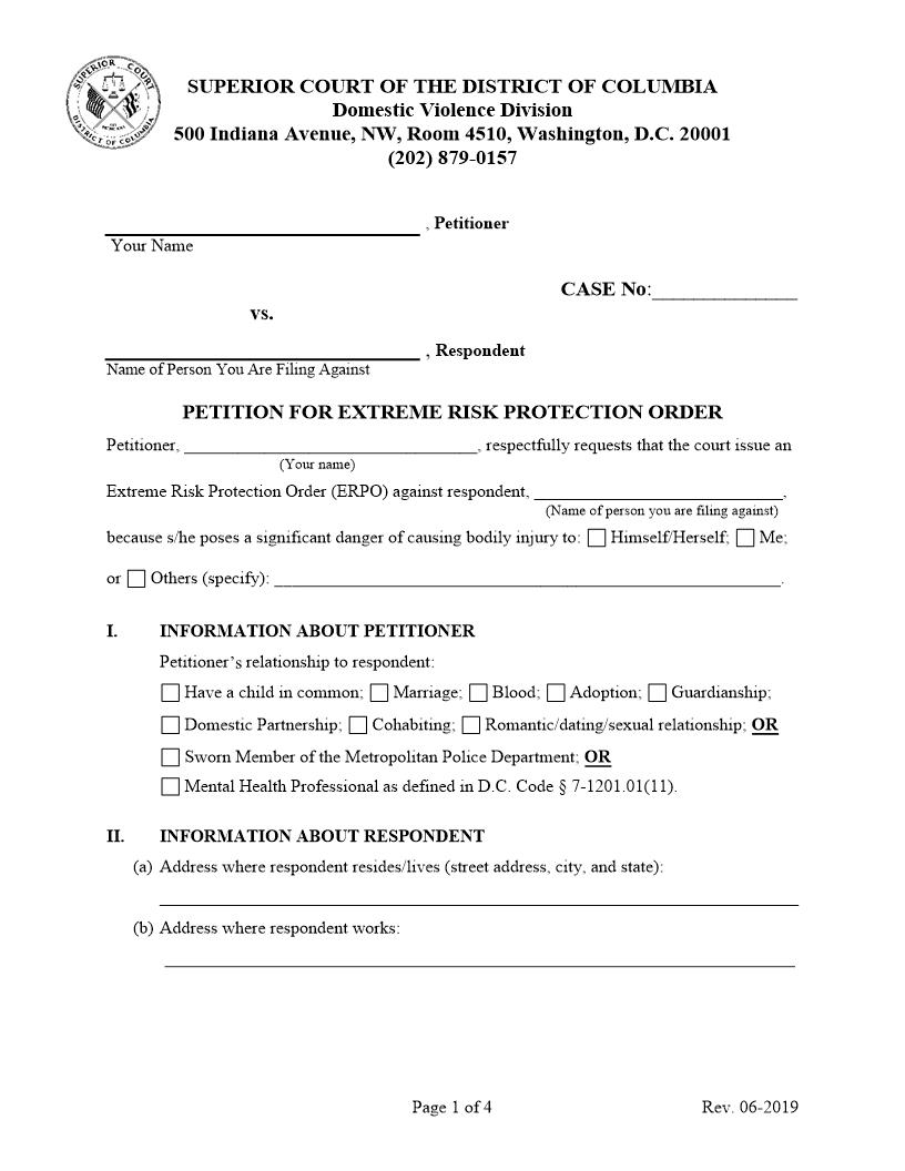 Petition For Extreme Risk Protection Order | Pdf Fpdf Docx | District Of Columbia