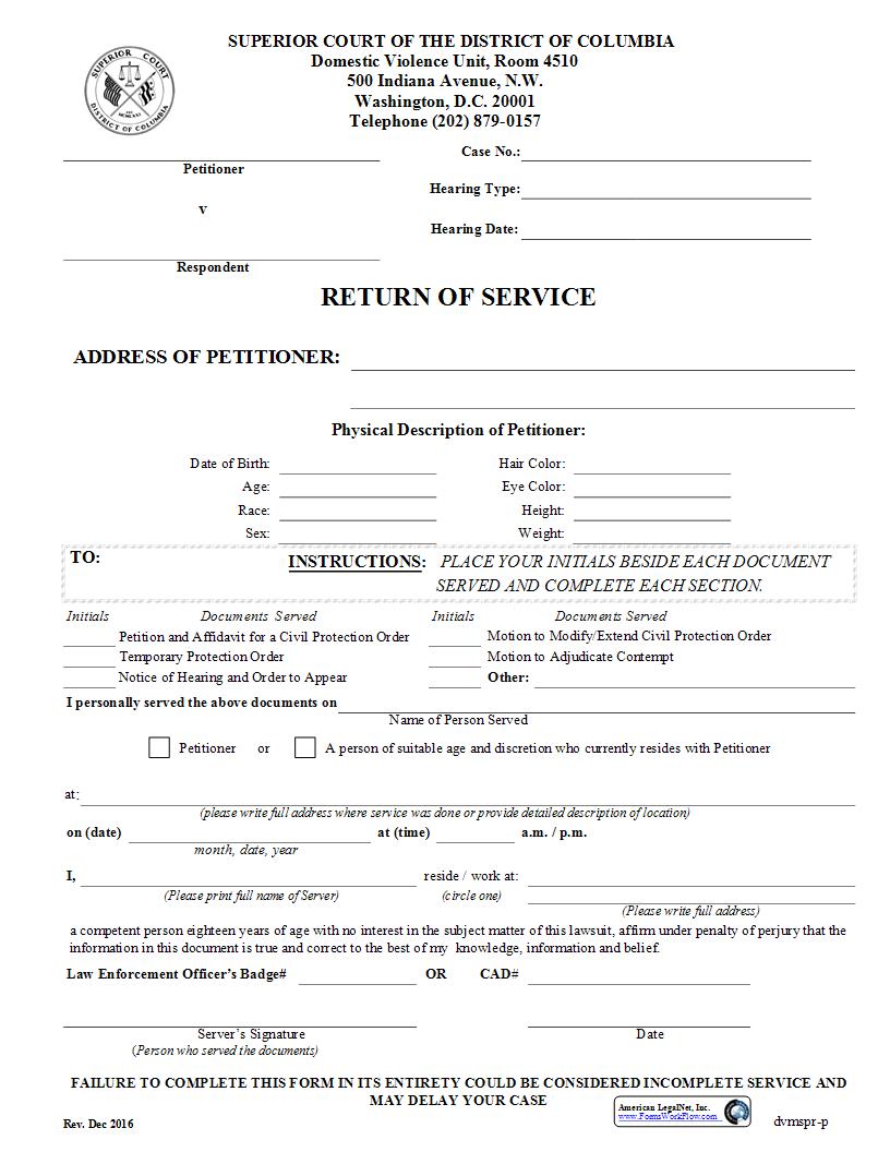 Return Of Service | Pdf Fpdf Docx | District Of Columbia