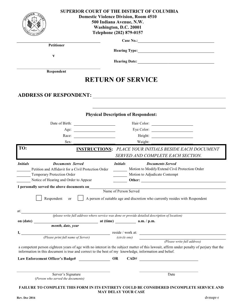 Return of Service (On Respondent) | Pdf Fpdf Docx | District Of Columbia