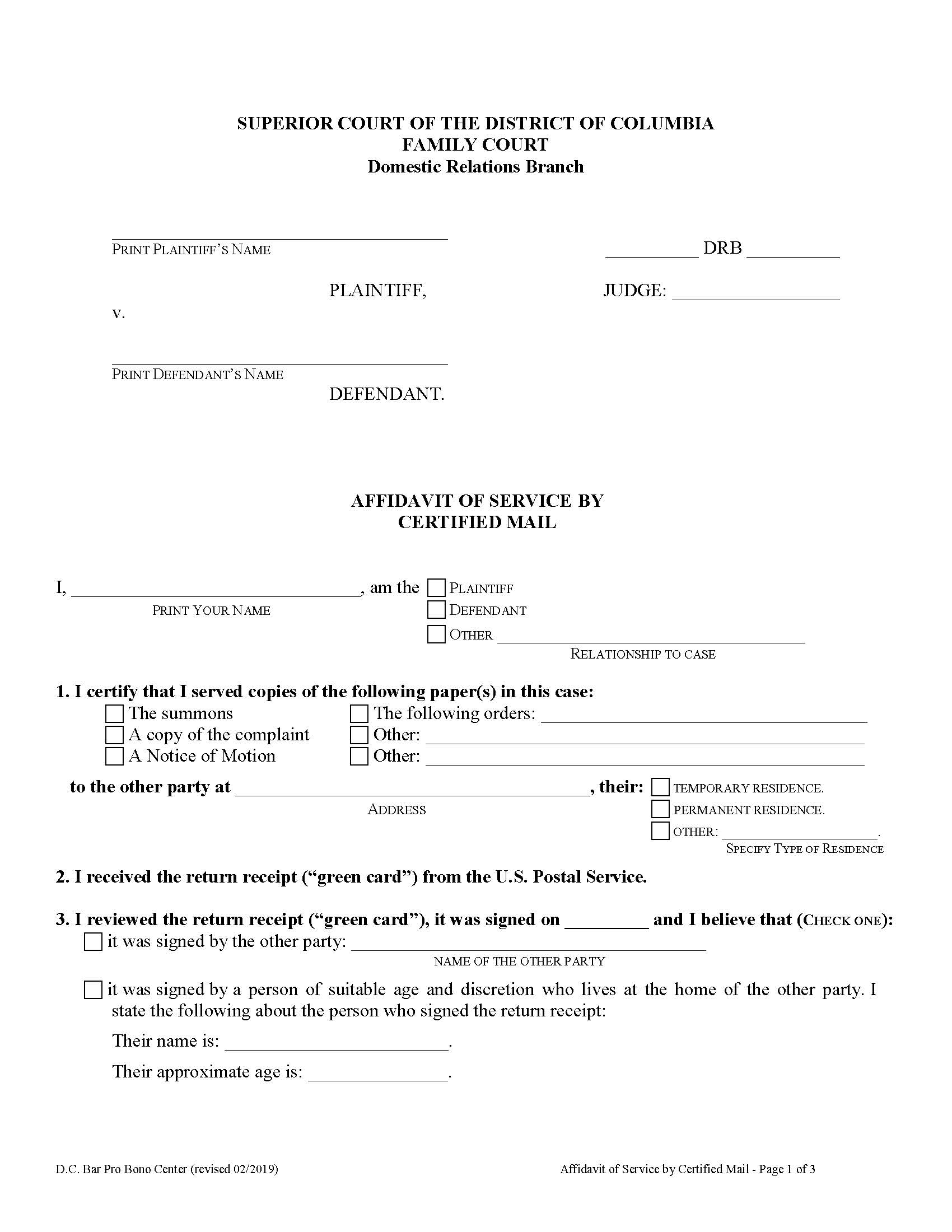 Affidavit Of Service By Certified Mail | Pdf Fpdf Doc Docx | District Of Columbia