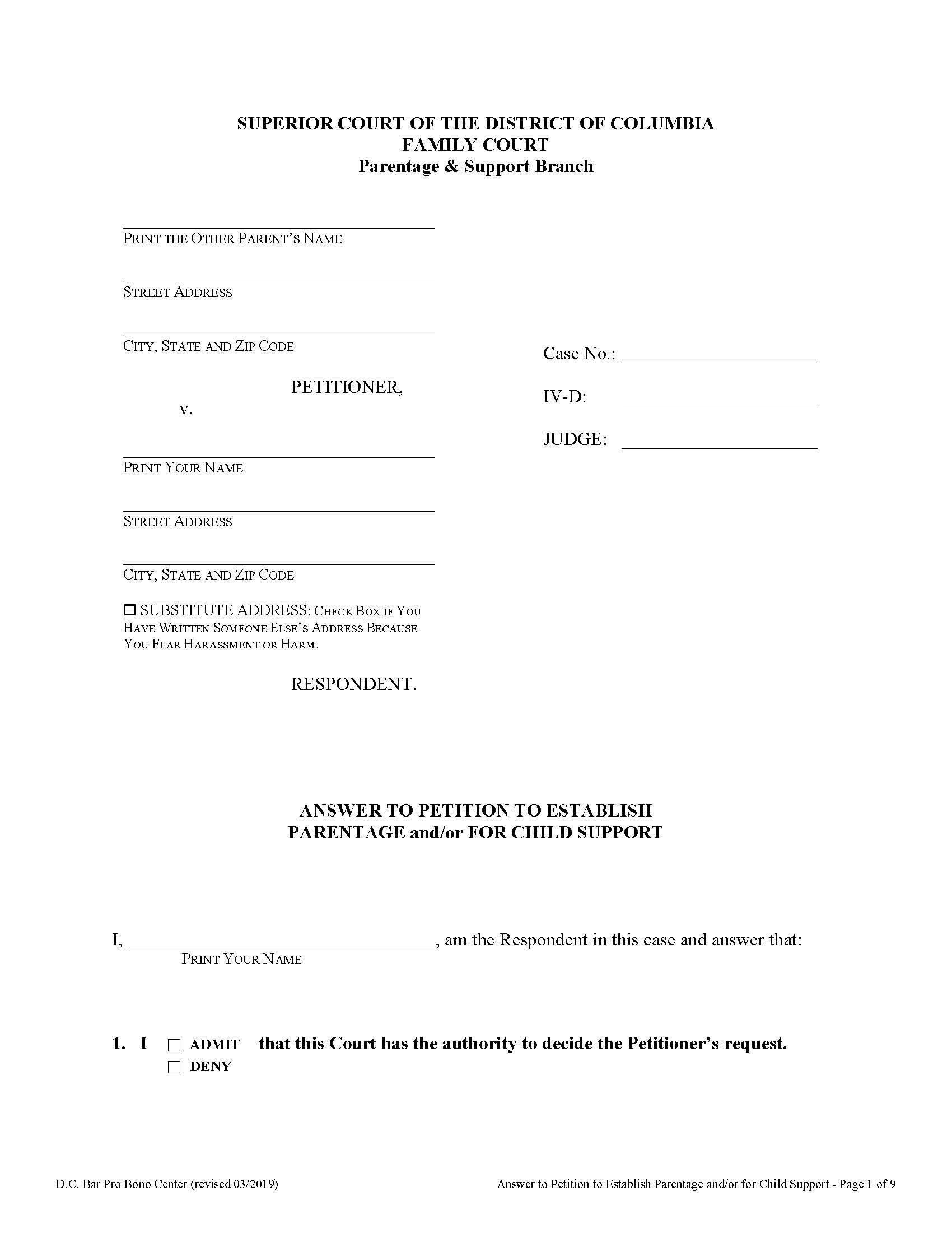 Answer To Petition To Establish Parentage And Or For Child Support | Pdf Fpdf Doc Docx | District Of Columbia